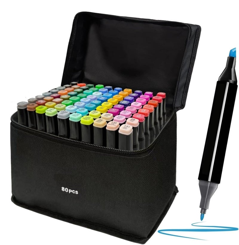 Corslet Markers كحول 80 لون أقلام فنية مزدوجة الطرف للأطفال والبالغين، أقلام تلوين ورسم للفنانين، أقلام طلاء مع حقيبة حمل - Image 1