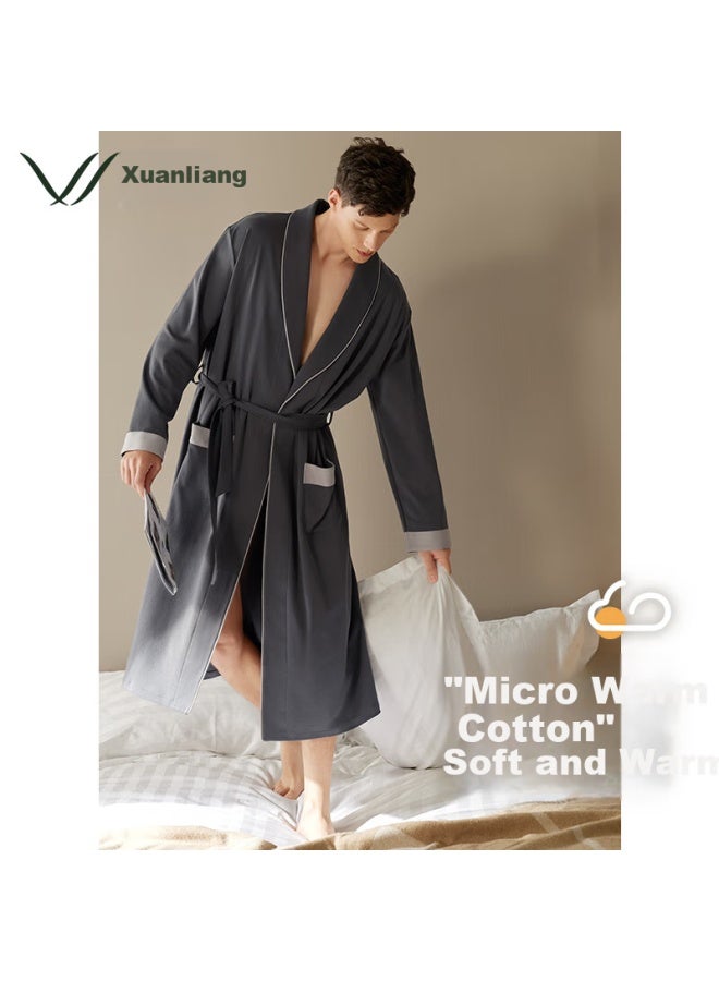 Xulen Men's Sleepwear, Spring And Autumn Pure Cotton Long-sleeve Pajamas, All-cotton Bathrobe, Long Home Wear, 73397 Dark Gray, 3XL