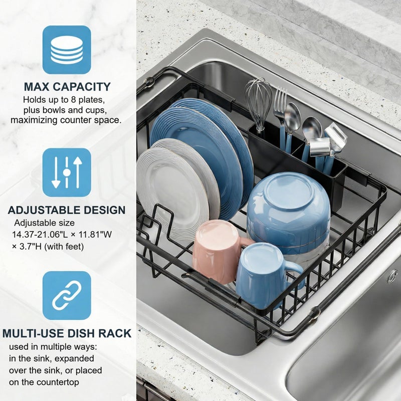 BBXTYLY Expandable in Sink Dish Drying Rack - Adjustable Capacity Over The Sink Dish Drainer Drying Rack with Utensil Holder for Kitchen Counter, Drying Rack for Small Space,14.37â€œ-21.06â€L x 11.81â€œW x 3.74â€D - Image 3