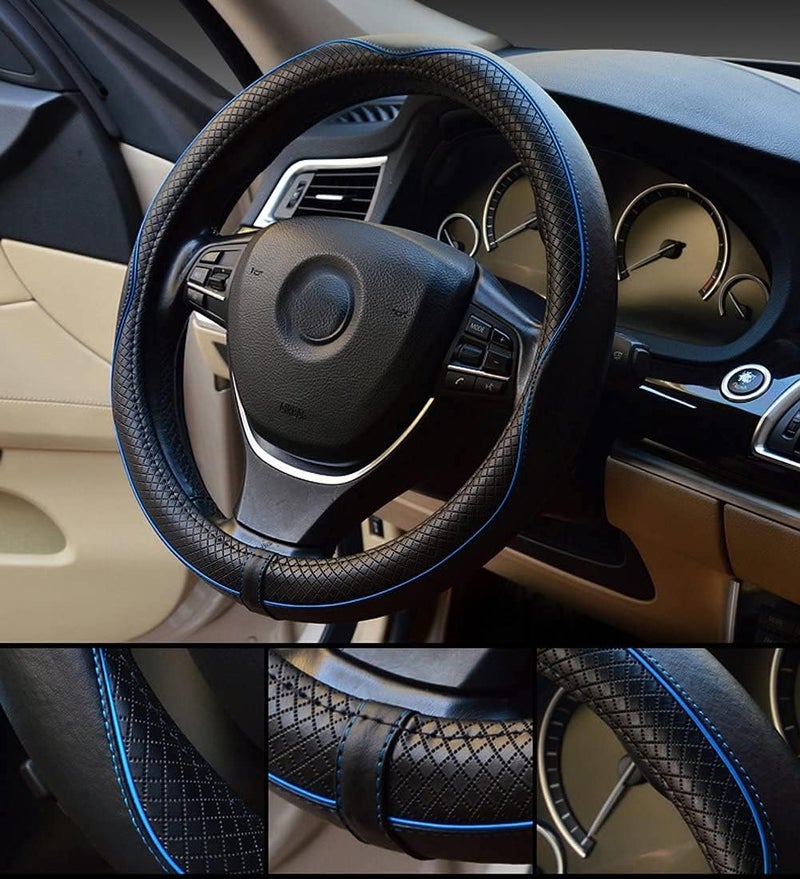 Valleycomfy Steering Wheel Covers Universal 15 inch - Genuine Leather, Breathable, Anti Slip & Odor Free (Black with Blue Lines, M(14" 1/2-15" 1/4)) - Image 3