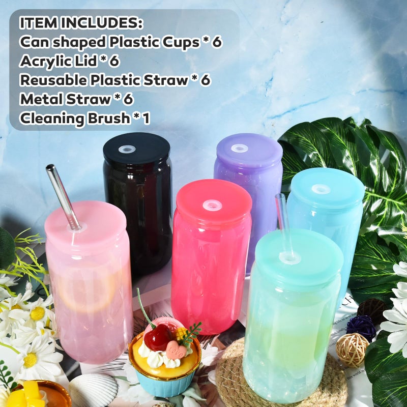 CHLJAR 16oz Plastic Mason Jars, 6Pack Mason Drinking Acrylic Cups with Plastic Lids and Stainless Steel Straws Iced Coffee Cups Shatterproof Unbreakable Tumblers for Smoothies, Beer, Coffee, Jelly Color - Image 3