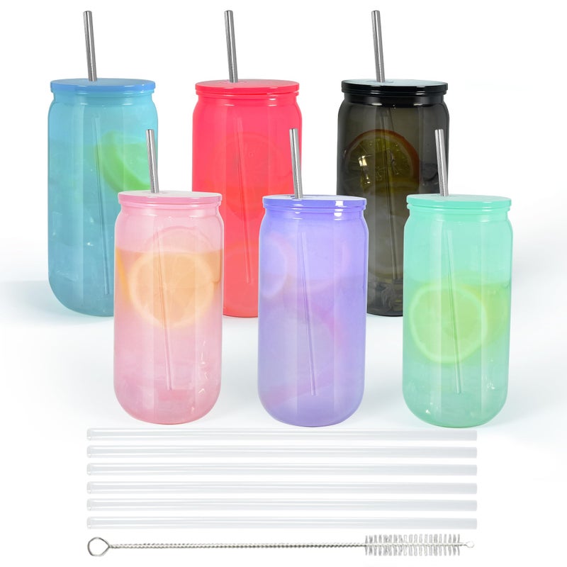 CHLJAR 16oz Plastic Mason Jars, 6Pack Mason Drinking Acrylic Cups with Plastic Lids and Stainless Steel Straws Iced Coffee Cups Shatterproof Unbreakable Tumblers for Smoothies, Beer, Coffee, Jelly Color - Image 1
