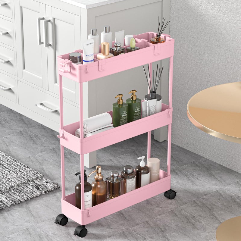SPACELEAD Slim Storage Cart 3 TierBathroom Organizer Rolling UtilityMobile Shelving Unit Slide Out for Office Kitchen Laundry Room  Narrow PlacesPink