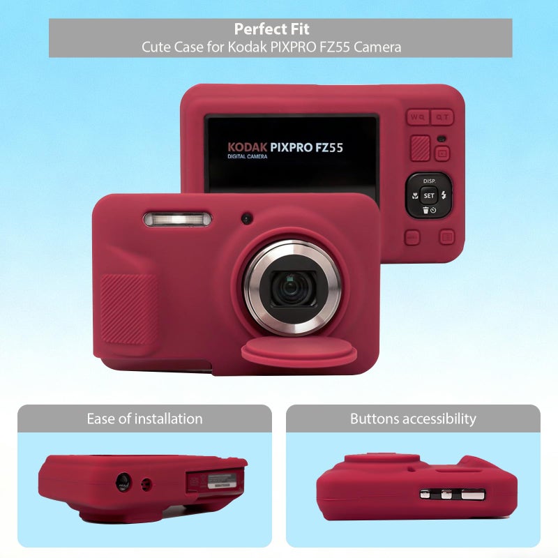 جراب Frevyve لكاميرا Kodak PIXPRO FZ55 الرقمية، ملحقات، جراب حماية من السيليكون الناعم، جراب رفيع مع غطاء عدسة قابل للإزالة وواقي شاشة، خفيف الوزن ومقاوم للخدش (أحمر داكن) - Image 3