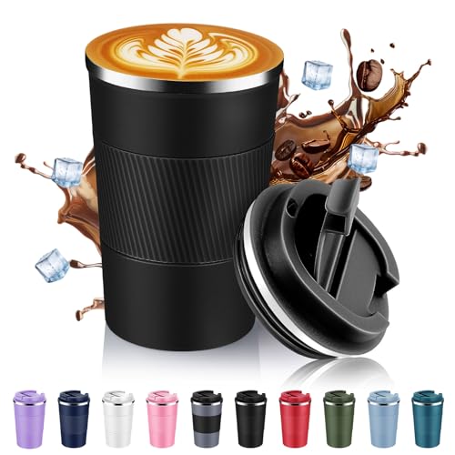 Volhoply 13 oz Stainless Steel Insulated Travel Coffee Mug with Fip LidReusable Double Wall Vacuum Metal Coffee CupPortable to Go Leak Proof Cafe Thermal Tumbler for Hot Cold DrinksBlack1 - Image 1