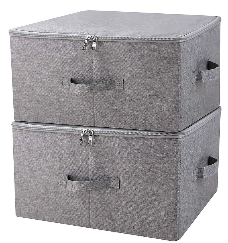 iwill CREATE PRO Folding Storage Box with Zip Lid and Handles, Rigid Storage Baskets With Linen Fabric& Plastic Board, Closet Shelf Drawers,Dark Gray, 2 pcs - Image 1