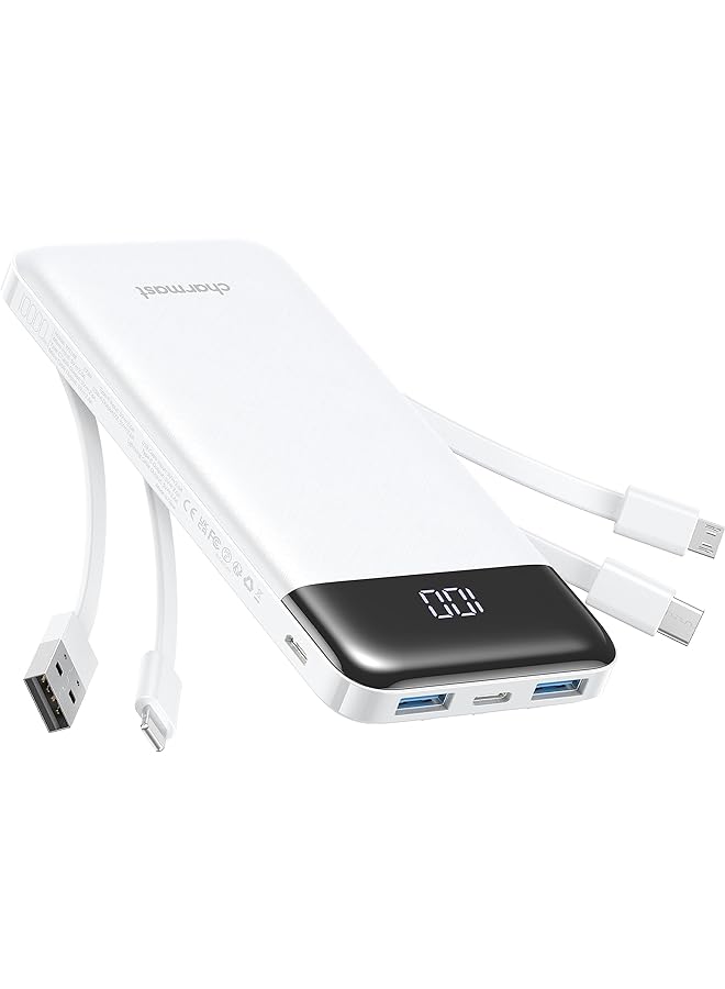 تشاماست باور بانك مع كابل مدمج 10000 مللي أمبير في الساعة، حزمة بطارية USB C 6 مخارج ومدخلين مع شاشة LED شاحن محمول من النوع C متوافق مع الهواتف الذكية والأجهزة اللوحية والمزيد باللون الأبيض - Image 1