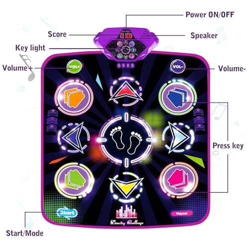 Kusntin Dance Mat, Dance Mixer Rhythm Step Play Mat, Pink Dance Pad with LED Lights, Adjustable Volume, Built-in Music, 5 Game Modes, Xmas Birthday Gifts for 3-10 Years Girls Toys (Purple-Black) - Image 2