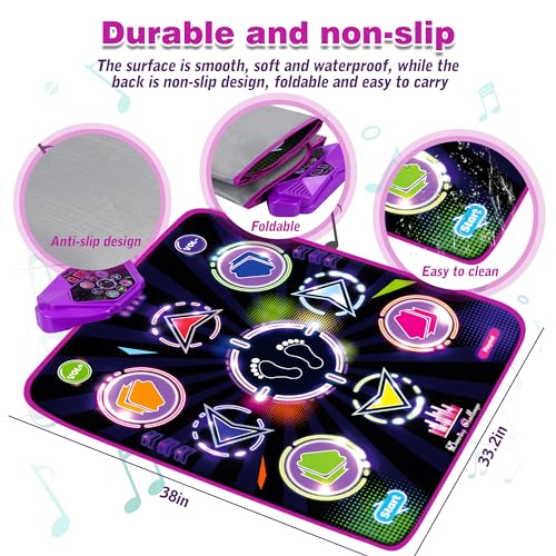 Kusntin Dance Mat, Dance Mixer Rhythm Step Play Mat, Pink Dance Pad with LED Lights, Adjustable Volume, Built-in Music, 5 Game Modes, Xmas Birthday Gifts for 3-10 Years Girls Toys (Purple-Black) - Image 3