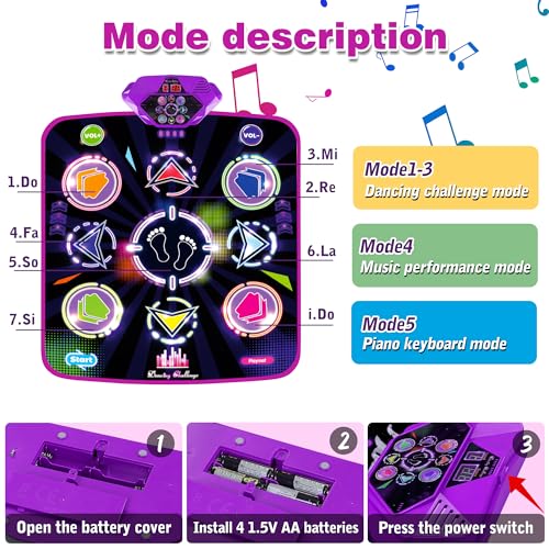 Kusntin Dance Mat, Dance Mixer Rhythm Step Play Mat, Pink Dance Pad with LED Lights, Adjustable Volume, Built-in Music, 5 Game Modes, Xmas Birthday Gifts for 3-10 Years Girls Toys (Purple-Black) - Image 4