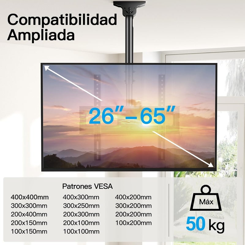 PERLESMITH Ceiling TV Mount for 26-65 inch Flat Screen Displays, Max VESA 400x400mm, Hanging Adjustable Ceiling TV Bracket Fits Most LCD LED OLED 4K TVs, Pole Ceiling Mount Holds up to 110lbs, PSCM2 - Image 2