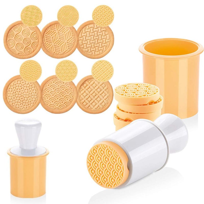 KAISHANE Silicone Cookie Stamps Set for Baking - Geo Geometric Figure Cookie Stamps with Handle and 6 Silicone Stamps High Heat Resistant to 480Â°F Yellow Color - Image 1