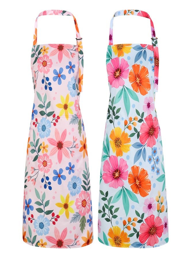 XLSXEXCL 2 Pack Floral Apron for Women with Pockets, Adjustable Chef Aprons, Waterproof Kitchen Aprons for Cooking, Baking, Gardening, Crafting, Grilling - Image 1
