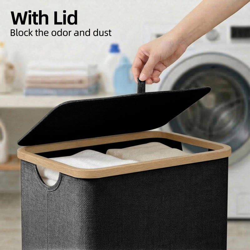 efluky Slim Laundry Basket with Lid, Narrow Laundry Hamper with Removable Bag, Skinny Dirty Clothes Basket with Bamboo Handles for Bathroom, Bedroom & Laundry Room, 65L Black - Image 2