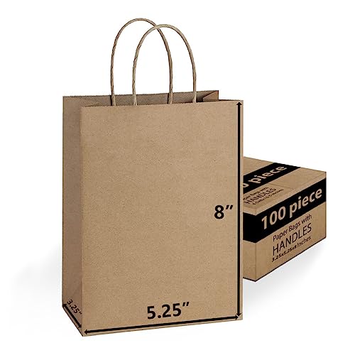 Shoplenty Brown Paper Gift Bags Bulk with Handles 5.25 X 3.25 X 8 [100 Bags] Ideal for Shopping, Packaging, Retail, Party, Craft, Gifts, Wedding, Recycled, Business, Goody and Merchandise Kraft Bag - Image 1