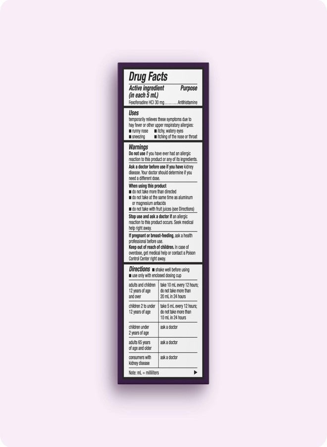 Allegra Children's 12-Hour Allergy Relief Liquid, Non-Drowsy Indoor and Outdoor Allergy Medicine, 30 mg Fexofenadine HCI Antihistamine for Kids, Grape Flavor, 4 oz - Image 2
