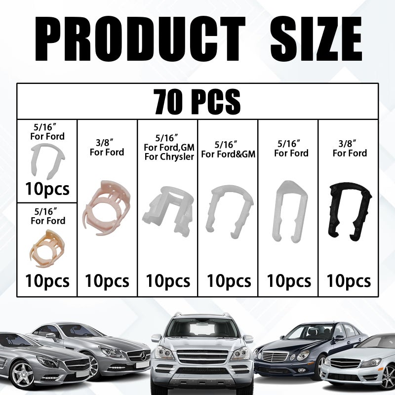 HHZL Fuel Line Retainer Clips, 3/8" & 5/16" Durable Nylon Gas Tank Repair Kit, 7 Size Fuel Line Retaining Clamp Assortment Replacement Kit Compatible with Ford, GM, Chrysler (70PCS) - Image 2