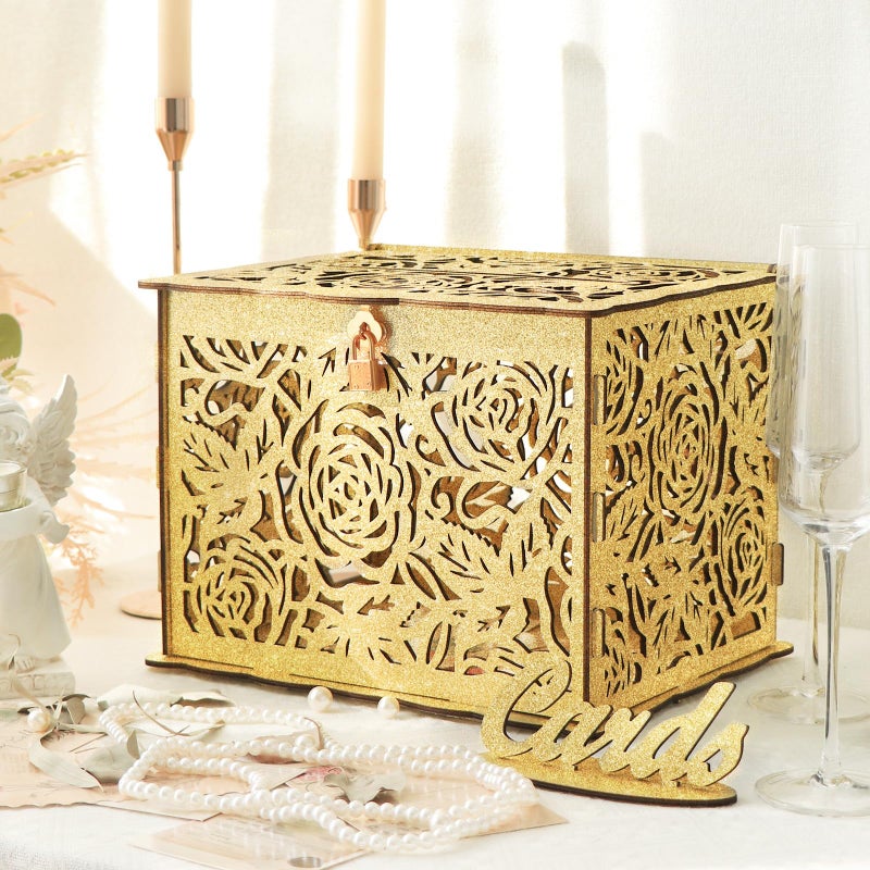 OurWarm Glittery Gold Wedding Card Box with Lock Wood Gift Card Box for Reception Money Honeymoon Fund Card Boxes for Baby Shower Birthday Graduation Party Rustic Wedding Decorations - Image 2