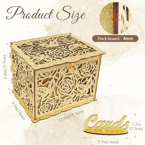 OurWarm Glittery Gold Wedding Card Box with Lock Wood Gift Card Box for Reception Money Honeymoon Fund Card Boxes for Baby Shower Birthday Graduation Party Rustic Wedding Decorations - Image 3
