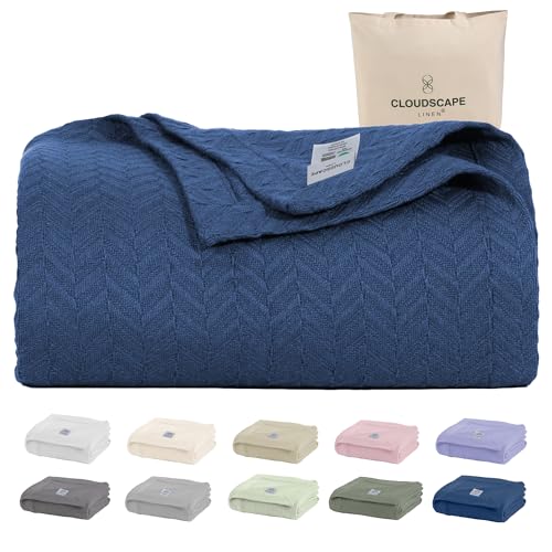 CloudScape Linen CLOUDSCAPE 100 Cotton King Size Blanket Soft Herringbone Weave 92x108 Fits Upto Cal King Breathable Lightweight Summer King Blanket for Adults All Season Blanketss Ensign Blue - Image 1