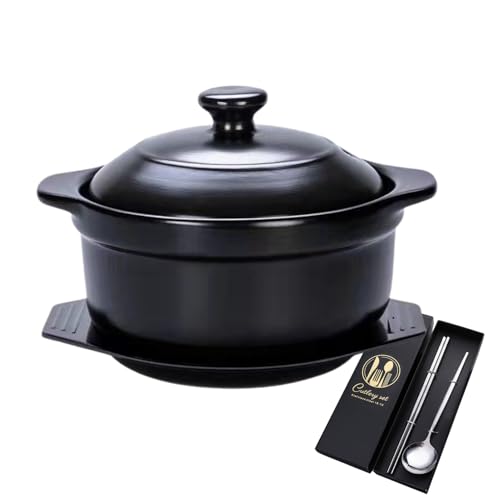 GOVNPJ Korean Stone Pot, Ceramic Sizzling Hot Pot for Bibimbap Korean Stone Bowl with Lid and Trivet 40 oz Clay Pot for Cooking, Korean Cooking Pot, 1200ml, Black - Image 1