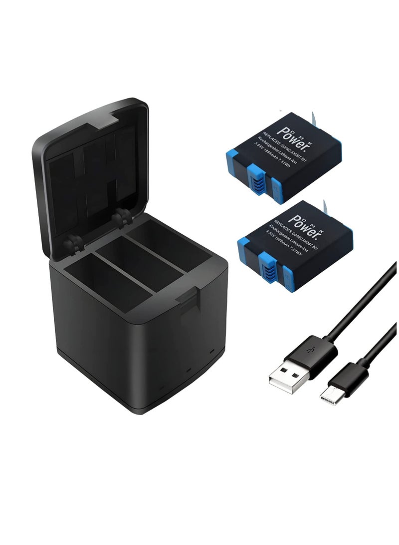 DMK Power AHDBT-901 (1950mAh) 2Pack Battery with 3 Channel LED Type C USB Charger Compatible with Hero 9/10 Battery and Charger - Image 1