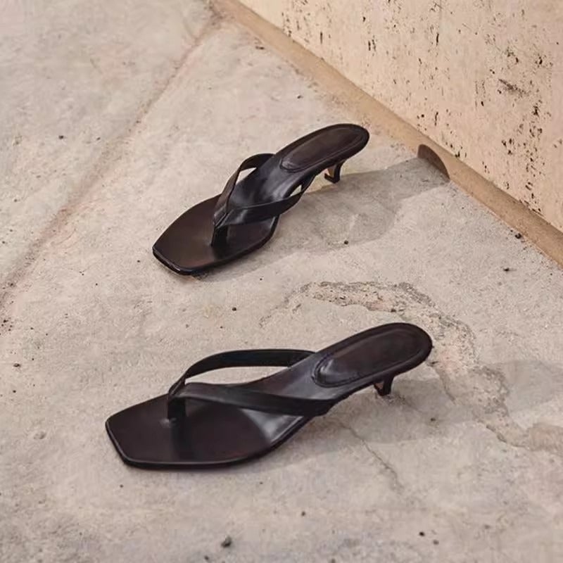 Qi Ta شباشب صيفية من جلد الغنم بتصميم كعب عالي ونعل مطاطي - صندل شاطئ للنساء - Image 1