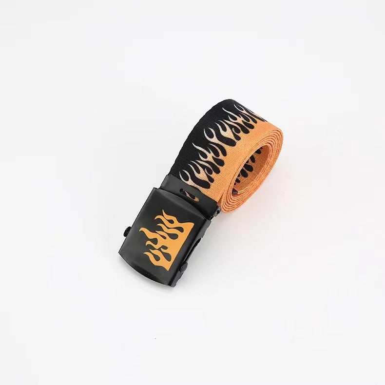 Korean Style Trendy Brand Harajuku Fashion Hip Hop Trouser Belt Trendy Unisex Canvas Belt Casual Flame Nylon Belt flame black - Image 4