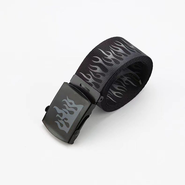 Korean Style Trendy Brand Harajuku Fashion Hip Hop Trouser Belt Trendy Unisex Canvas Belt Casual Flame Nylon Belt flame black - Image 2
