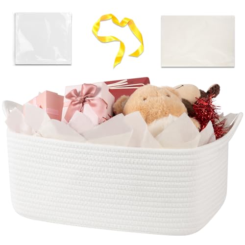OIASKET Basket for Gifts Empty, Woven Storage Basket with Gift Bag, Ribbon and Wrap Tissue Paper, Small Rope Toy Storage with Handles for Baby Shower, Dog Toy Organizer, 15.5" x 11.4" x 6.7" - Image 1