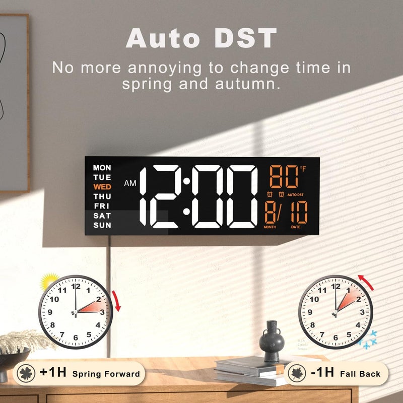 Jall 16" Large Digital Wall Mount Clock, Count Down Timer, Alarm, Big LED, RGB Color, DST, Temperature for Living Room Classroom Desk, Xmas, Birthday Gift for Senior Mom Dad (White Orange, 16 inches) - Image 5