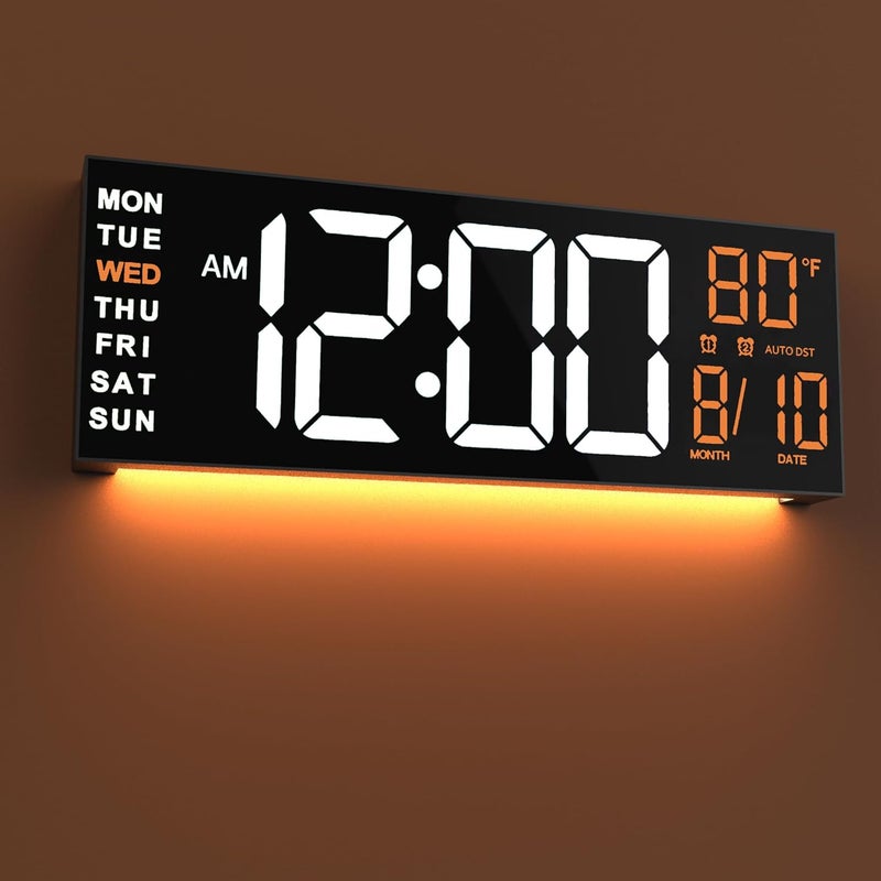 Jall 16" Large Digital Wall Mount Clock, Count Down Timer, Alarm, Big LED, RGB Color, DST, Temperature for Living Room Classroom Desk, Xmas, Birthday Gift for Senior Mom Dad (White Orange, 16 inches) - Image 1