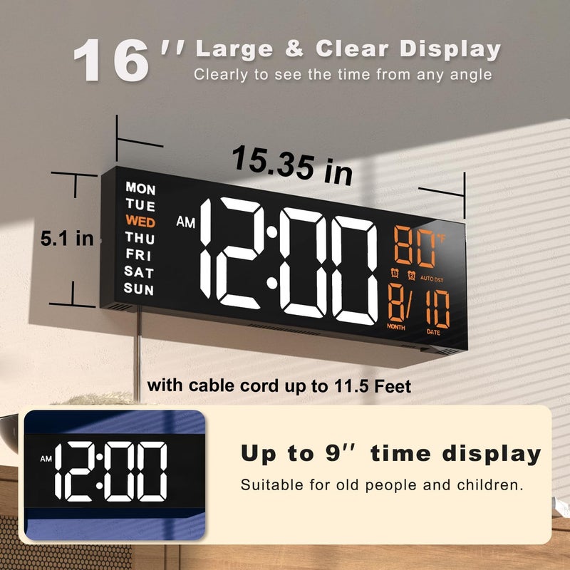Jall 16" Large Digital Wall Mount Clock, Count Down Timer, Alarm, Big LED, RGB Color, DST, Temperature for Living Room Classroom Desk, Xmas, Birthday Gift for Senior Mom Dad (White Orange, 16 inches) - Image 2