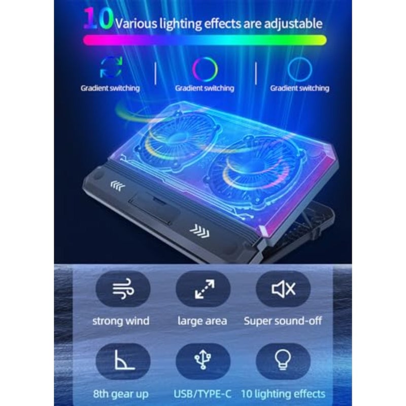 Gaming Laptop Cooling Pad with RGB Lighting, Dual High-Speed USB Powered Fans, Notebook Cooler Stand for 12-17.3 Inch Laptops, Twin Turbo Ice Engine, Enhanced Heat Dissipation, USB and Type-C Ports - Image 2