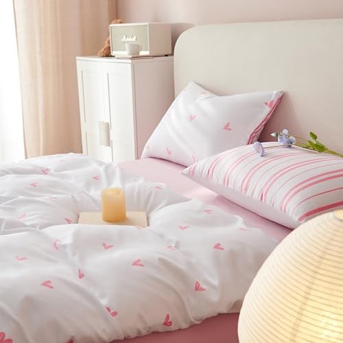 Bildenly Duvet Cover Queen Size Pink White Heart Striped Reversible Comforter Cover 3 Piece Kids Girls Soft Microfiber Bedding Set with Zipper Closure and 2 Pillow Shams - Image 4
