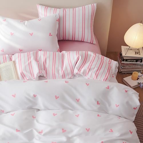 Bildenly Duvet Cover Queen Size Pink White Heart Striped Reversible Comforter Cover 3 Piece Kids Girls Soft Microfiber Bedding Set with Zipper Closure and 2 Pillow Shams - Image 2