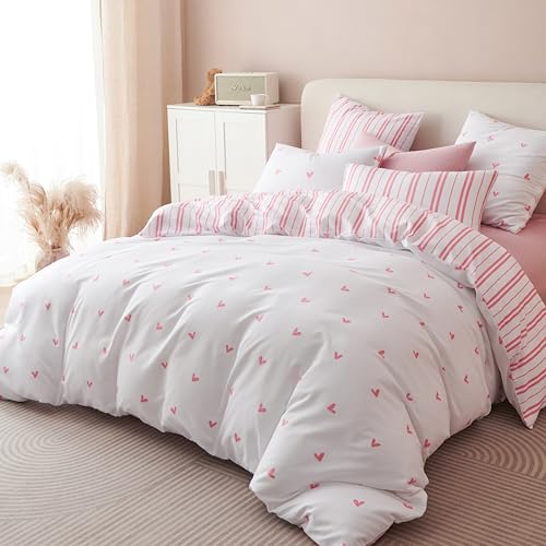 Bildenly Duvet Cover Queen Size Pink White Heart Striped Reversible Comforter Cover 3 Piece Kids Girls Soft Microfiber Bedding Set with Zipper Closure and 2 Pillow Shams - Image 3