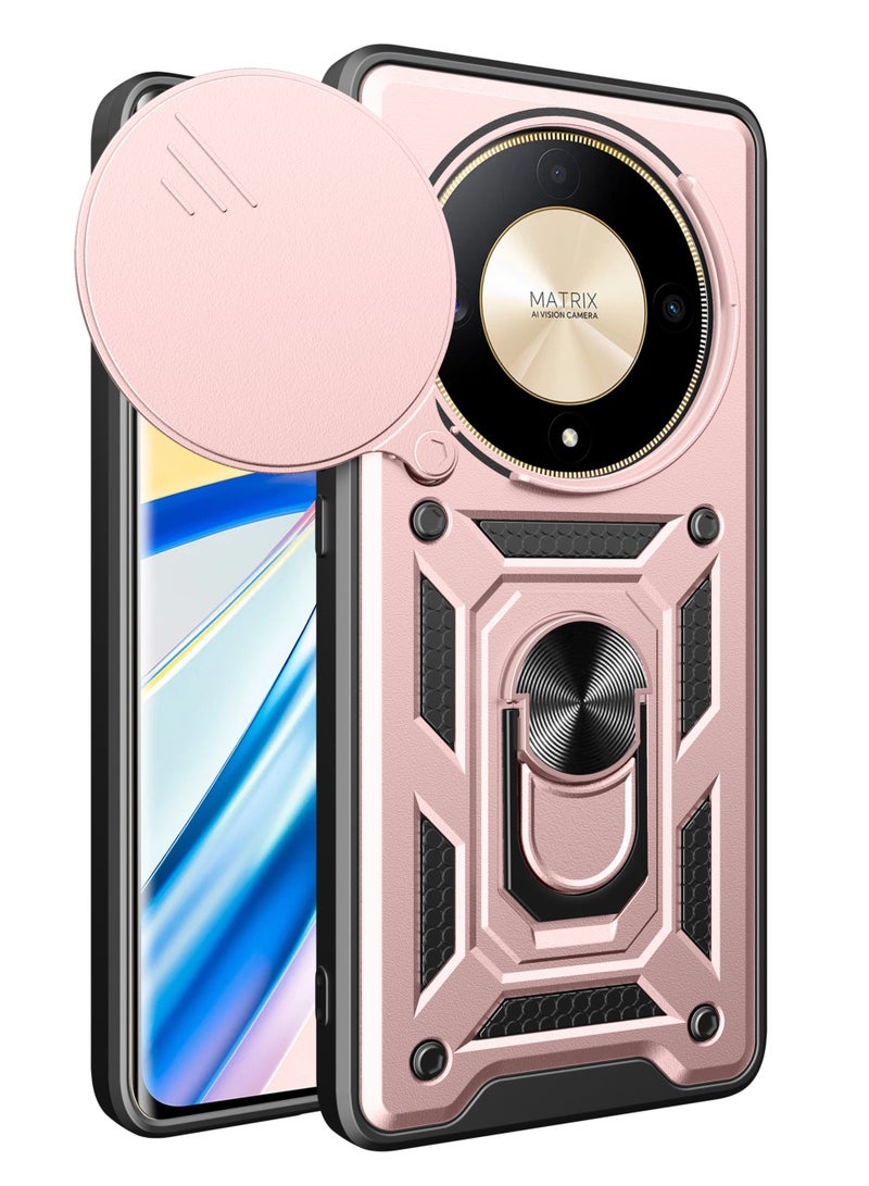 Shunjia Sliding Window Case, Shockproof Rugged Armor with Sliding Camera Cover & 360° Ring Kickstand, Compatible with Honor X9b (Rose Gold)