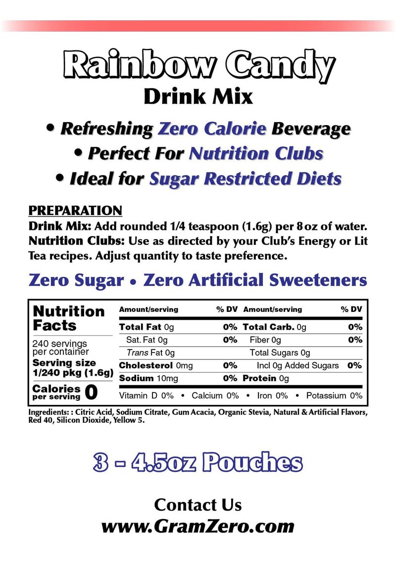 GramZero Rainbow Candy Zero Calorie Sugar Free Drink Mix, Great For Nutrition Club Loaded Teas, Stevia Sweetened - Image 3
