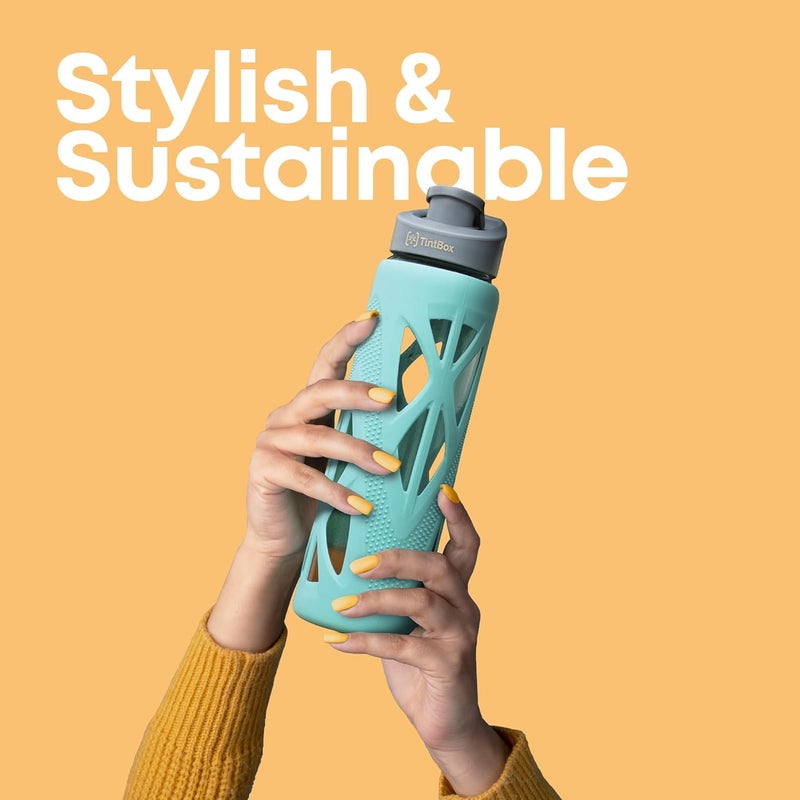 TintBox Borosilicate Glass Water Bottle with Silicone Sleeve | as seen on Shark Tank | perfect for Office, Home, Fridge, Gym, Travel | BPA Free | Cool Green | 750ml - Image 5