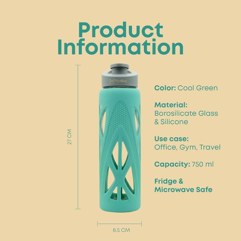 TintBox Borosilicate Glass Water Bottle with Silicone Sleeve | as seen on Shark Tank | perfect for Office, Home, Fridge, Gym, Travel | BPA Free | Cool Green | 750ml - Image 3