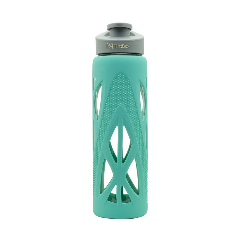 TintBox Borosilicate Glass Water Bottle with Silicone Sleeve | as seen on Shark Tank | perfect for Office, Home, Fridge, Gym, Travel | BPA Free | Cool Green | 750ml - Image 1