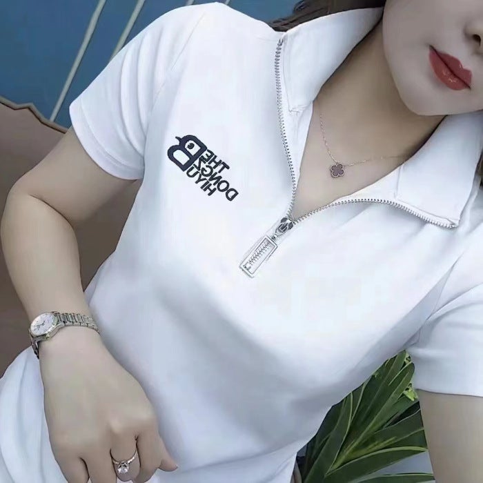A generation of hair mother Summer new half zipper striped short sleeve T-shirt Women's Joker shirt T-shirt - Image 1