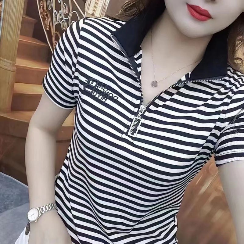 A generation of hair mother Summer new half zipper striped short sleeve T-shirt Women's Joker shirt T-shirt - Image 3