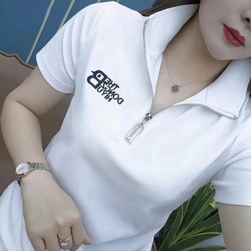 A generation of hair mother Summer new half zipper striped short sleeve T-shirt Women's Joker shirt T-shirt - Image 5