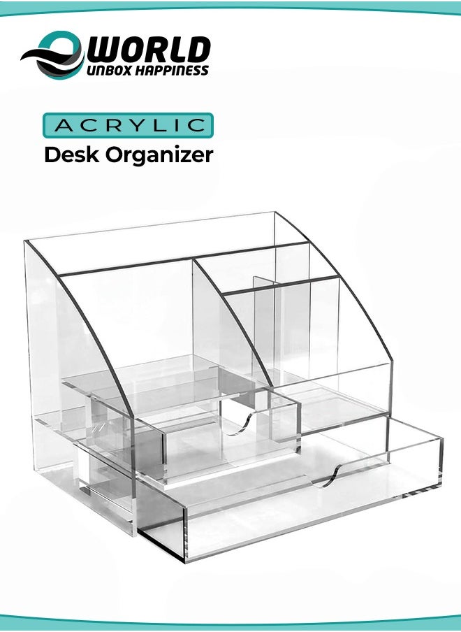 Eworld Clear Acrylic Desk Organizer Featuring 5 Compartments and 2 Slide-Out Drawers, Perfect for Home, Office, School, Workshop, and Kitchen Use  - Image 1