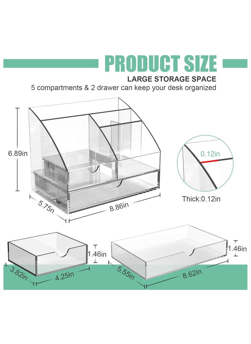 Eworld Clear Acrylic Desk Organizer Featuring 5 Compartments and 2 Slide-Out Drawers, Perfect for Home, Office, School, Workshop, and Kitchen Use  - Image 2