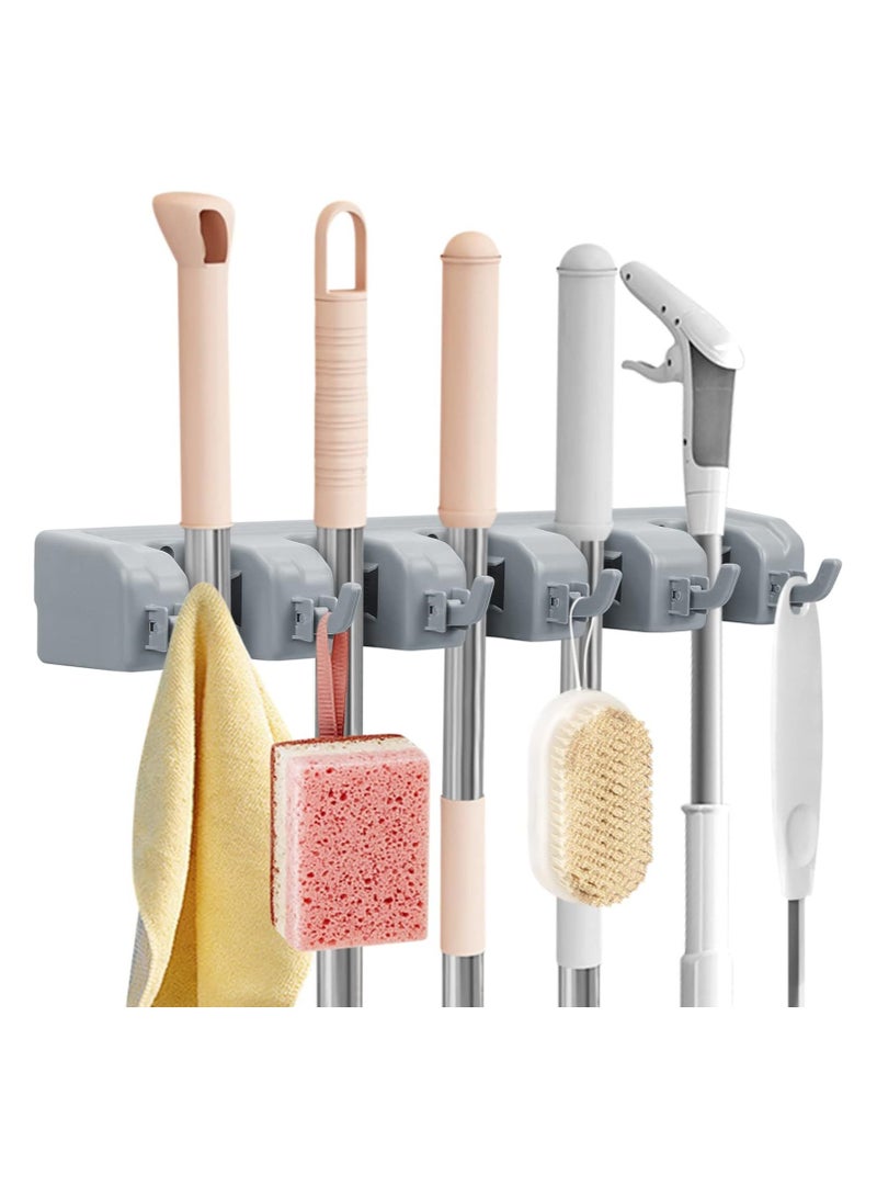 VIUAUAX xحامل ممسحة ومكنسة، منظم ممسحة ومكنسة مثبت على الحائط، رف تخزين موفر للمساحة لحديقة المطبخ والمرآب، مكاتب الغسيل، 5 أوضاع مع 6 خطافات - Image 1