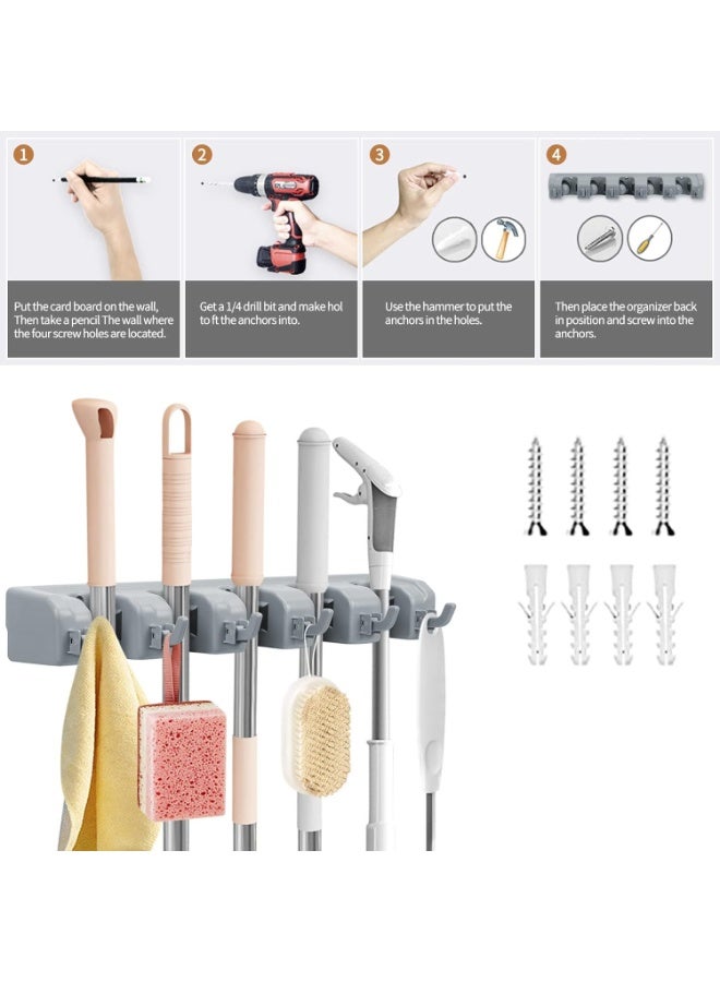 VIUAUAX xحامل ممسحة ومكنسة، منظم ممسحة ومكنسة مثبت على الحائط، رف تخزين موفر للمساحة لحديقة المطبخ والمرآب، مكاتب الغسيل، 5 أوضاع مع 6 خطافات - Image 2