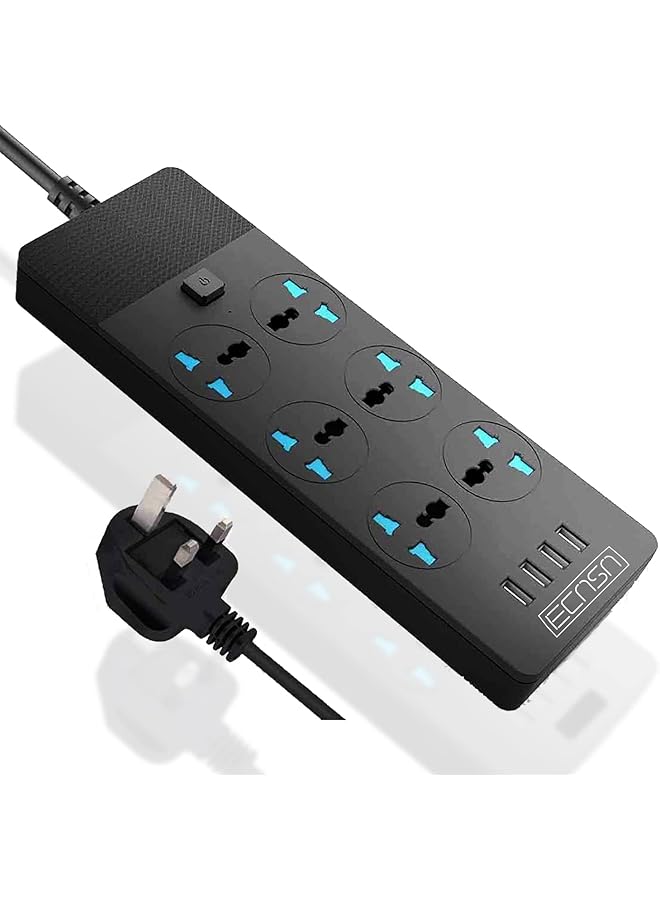 promass Power Extension with 4 USB Ports, 6 Outlets Surge Protector with Power Button, Slim Design Black Color Power Extension 2M - Image 1